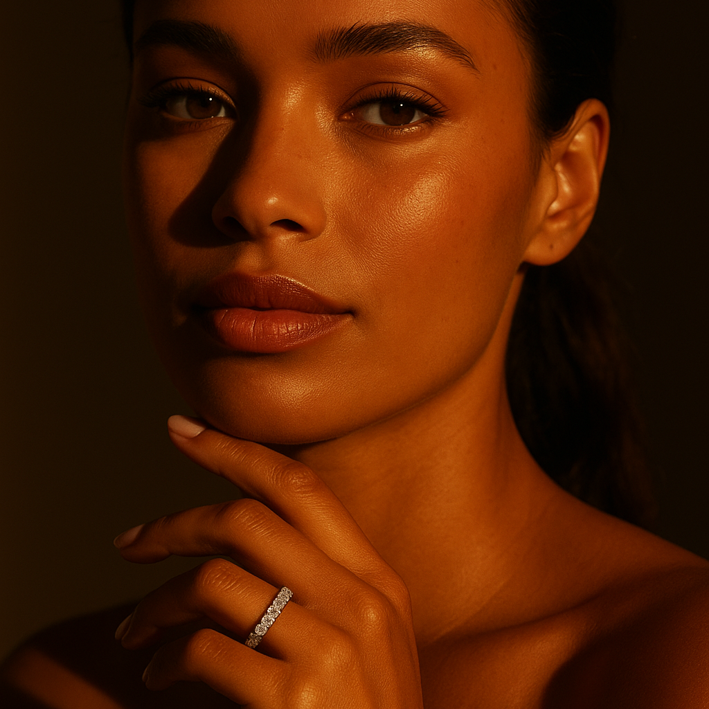 Woman with a warm-toned glow against a dark background