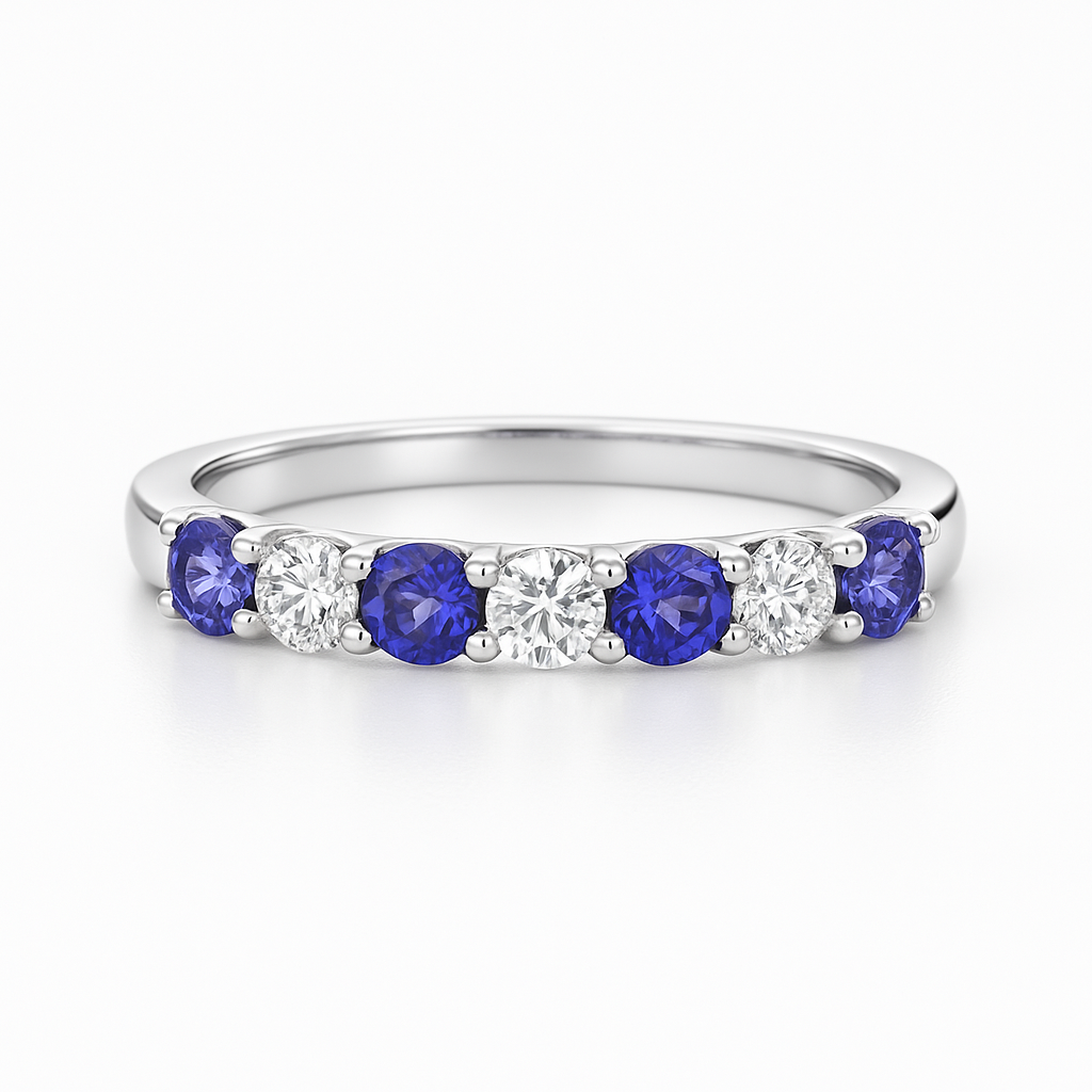 White Gold ring with tanzanite gemstones and lab grown diamonds on a white background