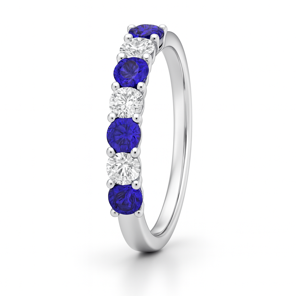 White Gold ring with tanzanite gemstones and lab grown diamonds on a white background