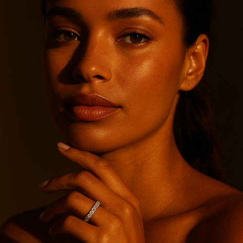 Woman with a warm-toned glow against a dark background