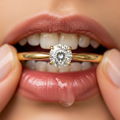 Gold ring with a diamond held between lips