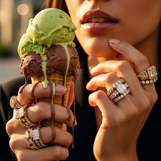 Close-up of a hand holding a chocolate and green ice cream cone with a woman wearing multiple rings.